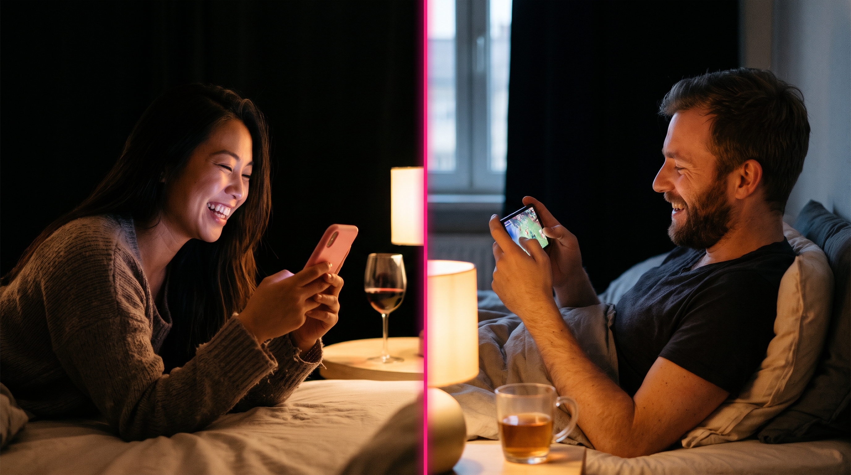A Vietnamese woman in her late twenties in a Brooklyn apartment at night and a white man with a short beard in a Berlin apartment at dawn, both propped up in bed laughing at the same phone game, divided by a hot pink seam suggesting a video call.