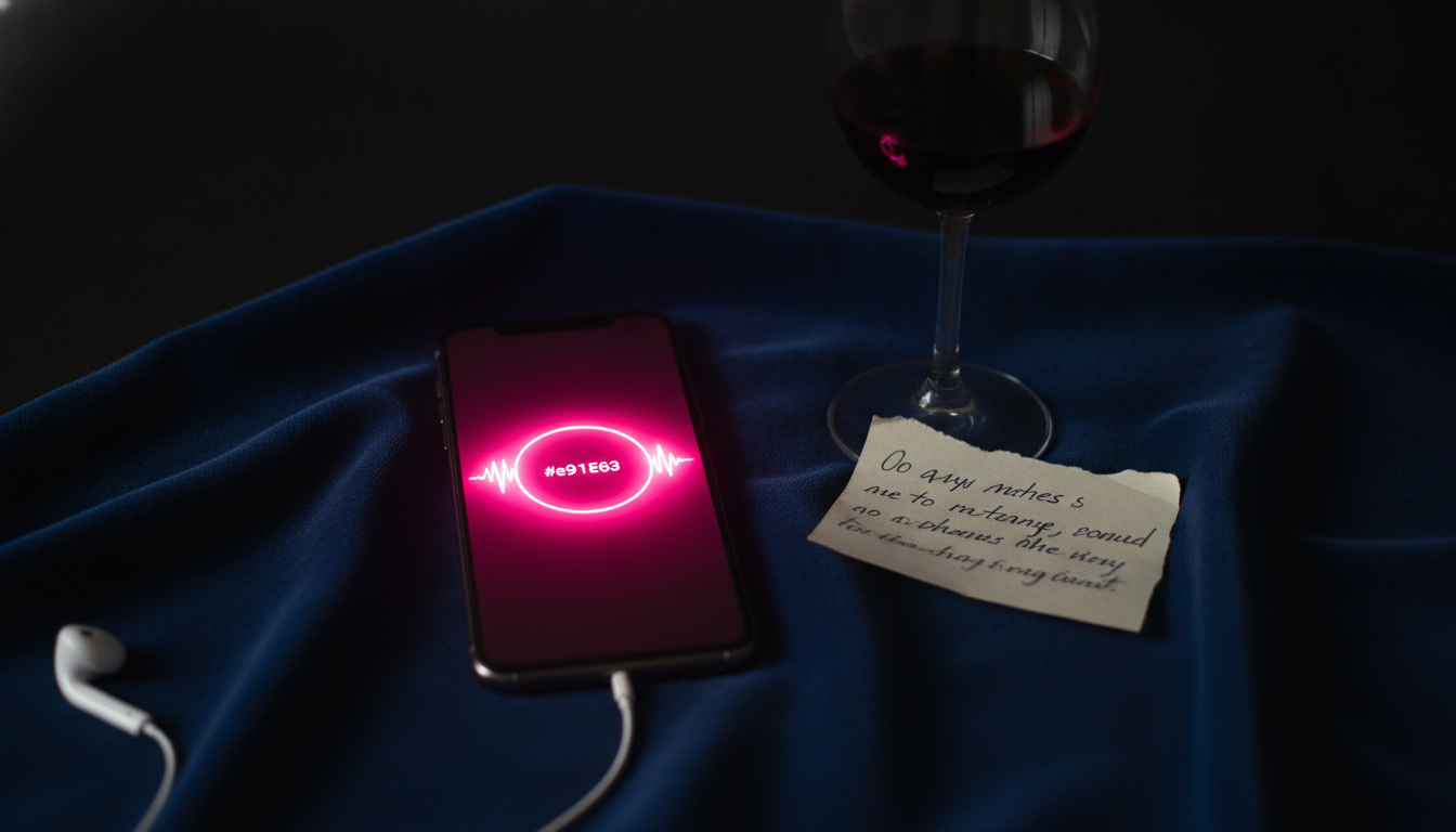 Overhead shot of a single phone on dark velvet with a glowing hot pink reflex meter, an earbud trailing out of frame, and a half-empty glass of red wine blurred behind it.