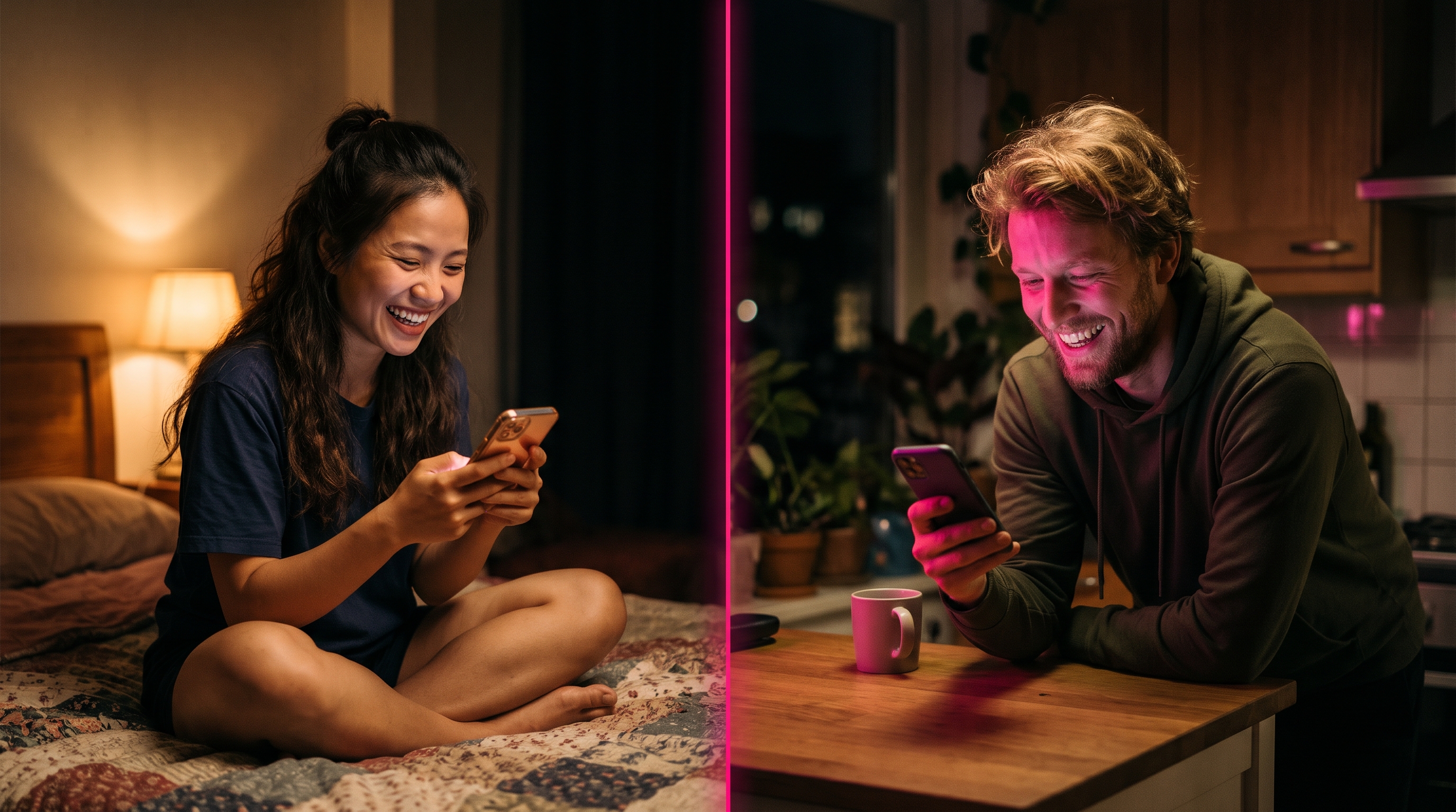 Split-frame of a Vietnamese woman in Hanoi and a Dutch man in Amsterdam, each laughing at their own phone with hot pink screen glow, a thin pink seam of light between their rooms.