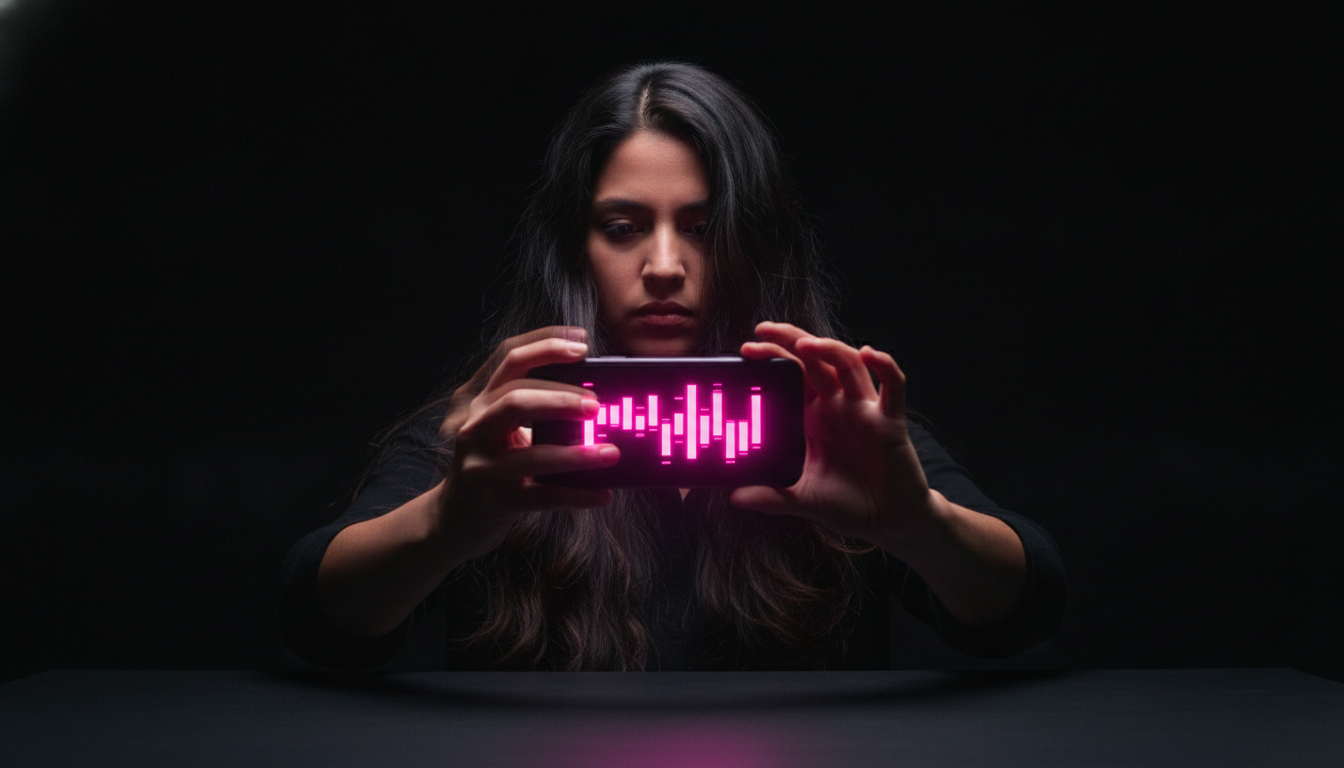Overhead shot of hands shaking a phone with motion blur, the screen pulsing hot pink with glowing reaction bars.