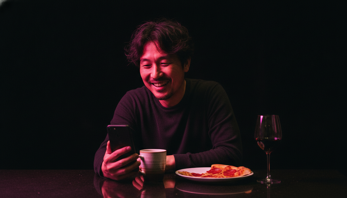 A man leans into a video call on his kitchen counter at night, phone propped against a mug, hot pink screen light on his face.