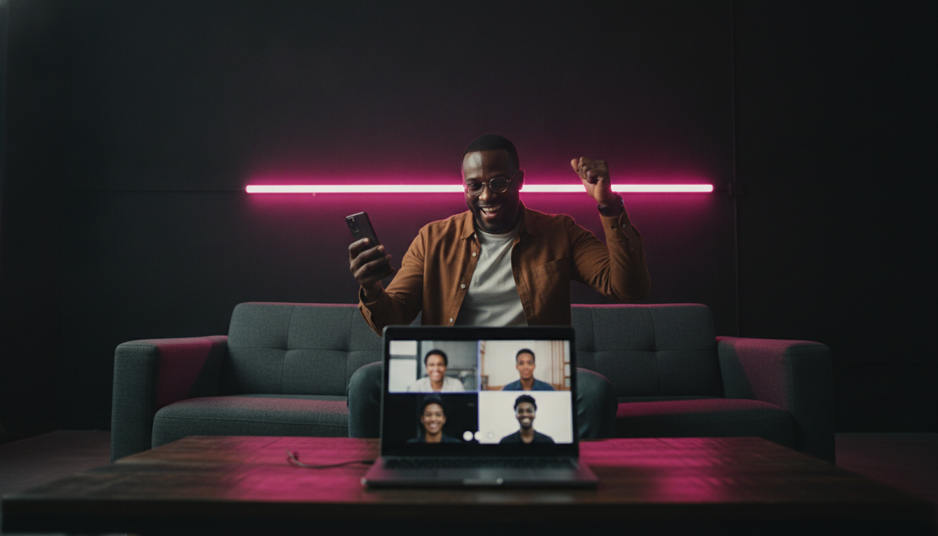 Man on couch mid-shake with laptop showing four-person video call, pink neon behind him