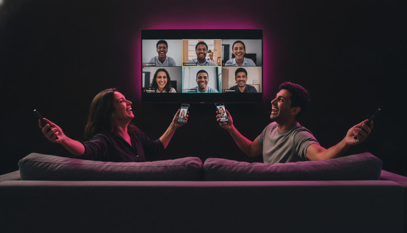 Two friends on a couch mid-shake, TV showing six-person video call, pink wall sconce