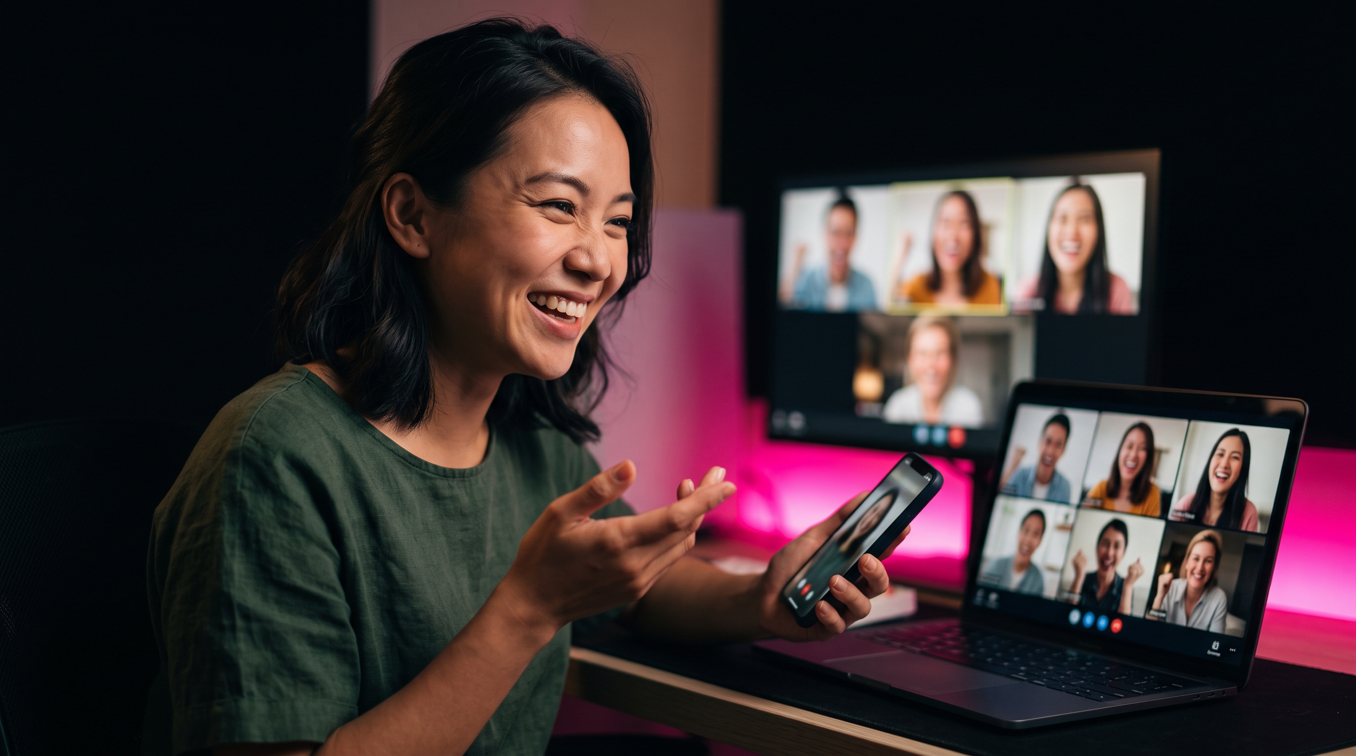 Vietnamese woman laughing on a video call with friends, phone mid-shake, hot pink accent light