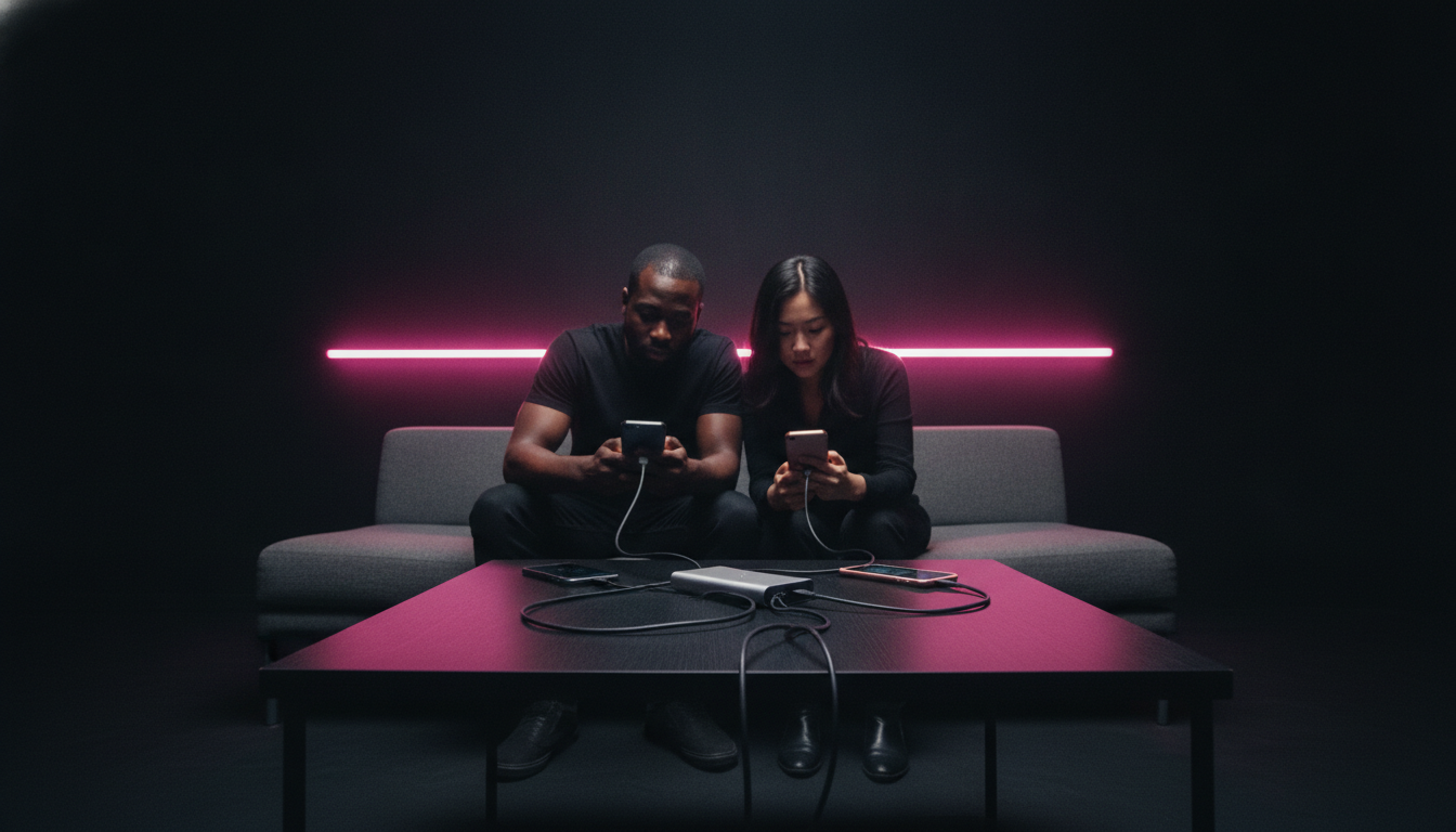 Two players sharing a power bank on a black coffee table with pink neon lighting