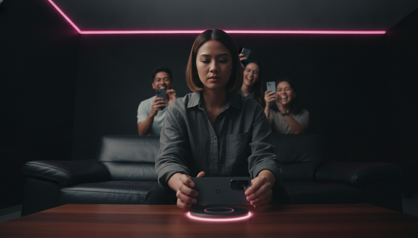 Woman lifting a Pixel phone from a Qi2 pad during a party round
