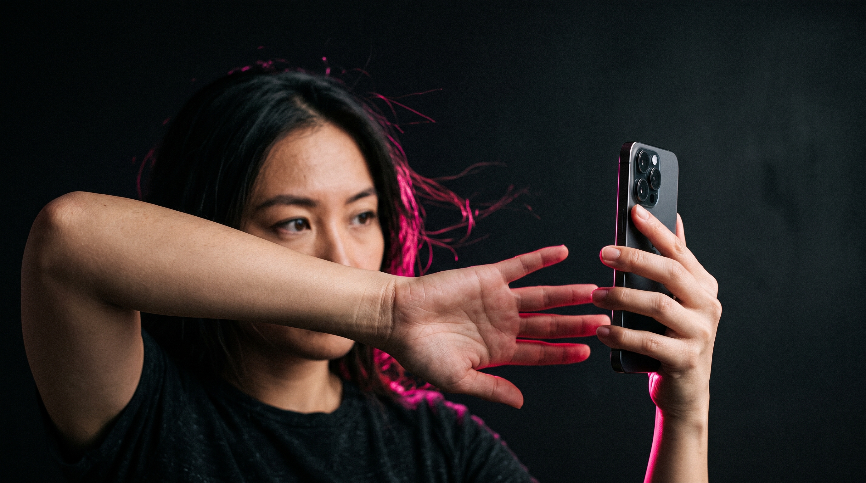 Woman mid-clap toward her iPhone mic port in a dark loft with pink rim light