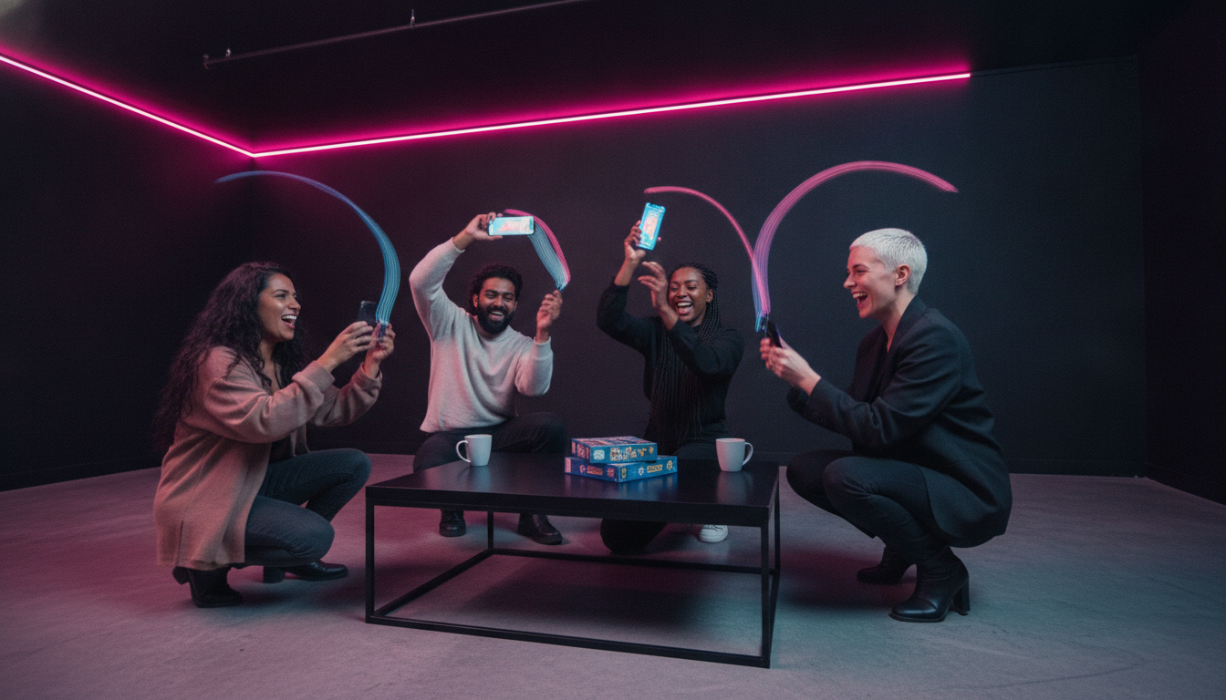 Five friends in a dark loft with a pink neon strip shaking phones above a coffee table
