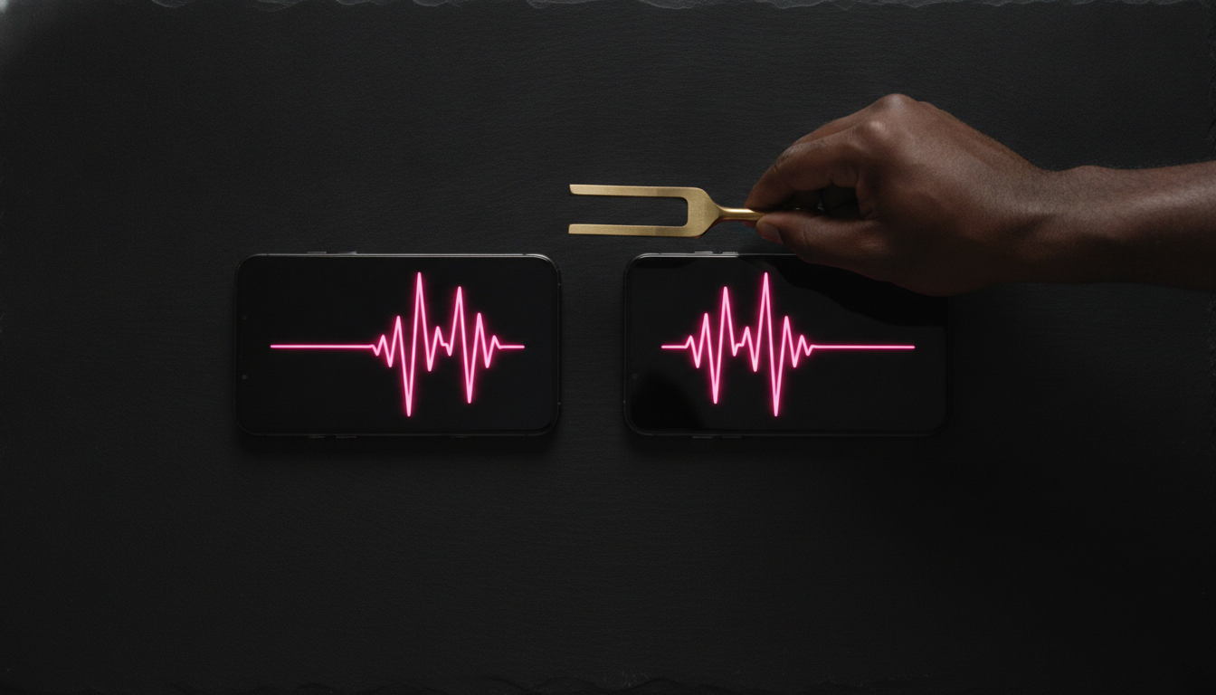 Top-down flat lay of iPhone and Pixel with pink audio waveforms peaking in sync