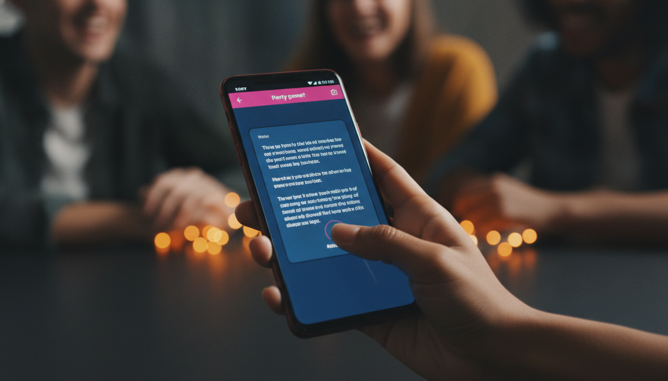 Close-up of a phone displaying a Most Likely To prompt with a hot pink accent bar at the top of the screen