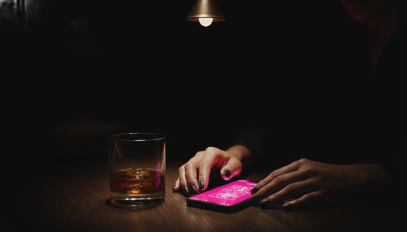 Close-up of a phone glowing hot pink on a dark oak table beside a bourbon glass