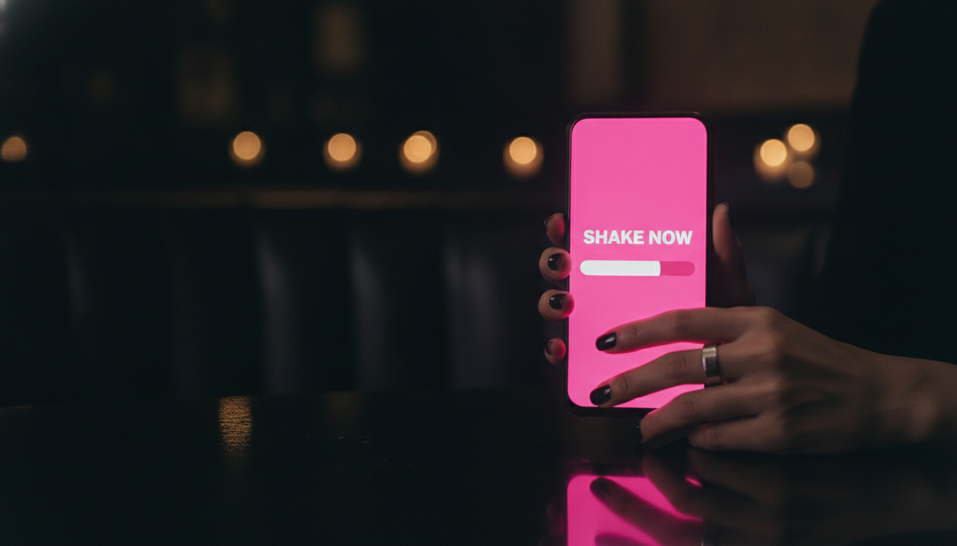 Close-up of a single phone showing a hot pink shake countdown bar at 75% with white text reading SHAKE NOW