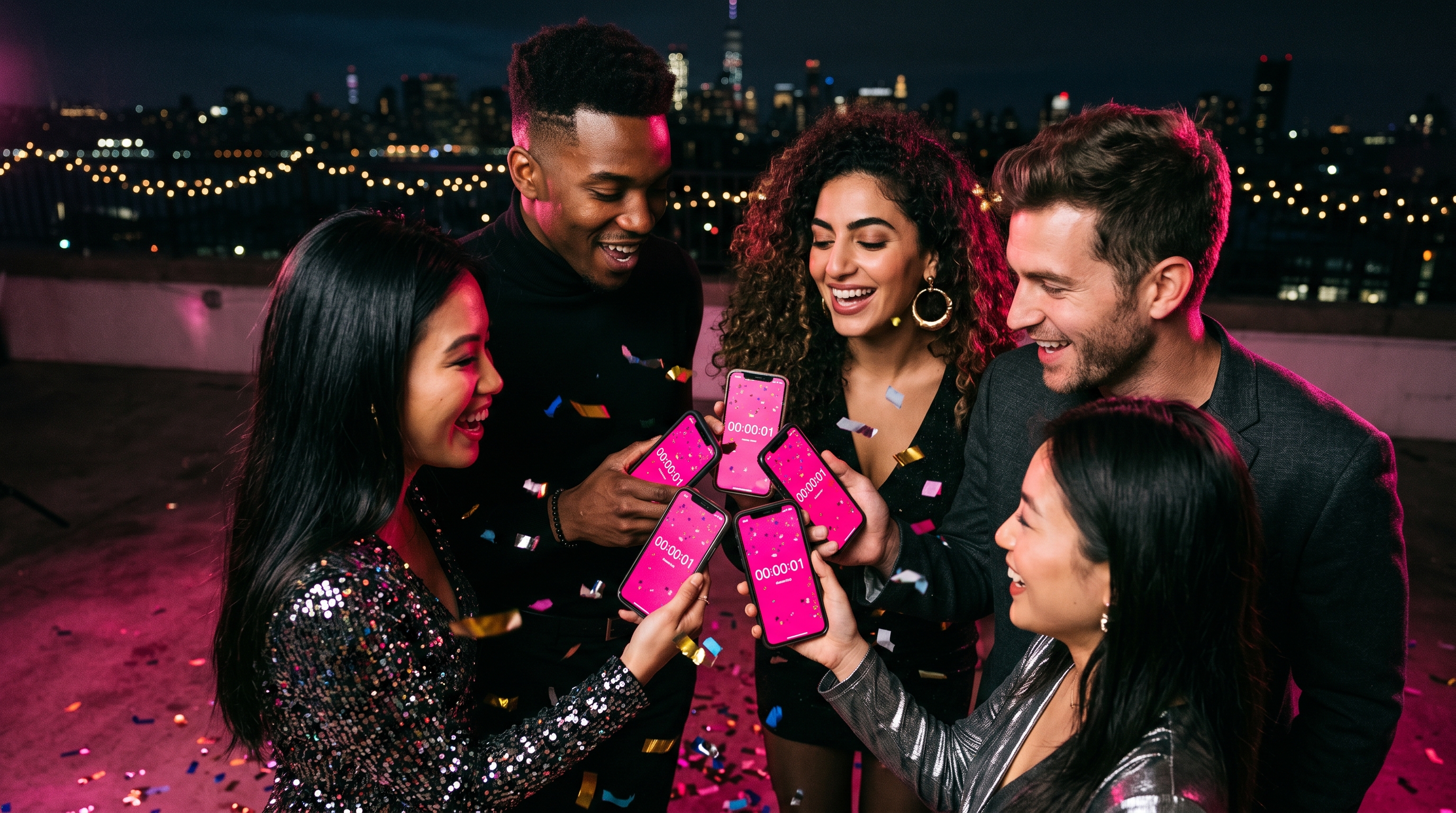Five friends in NYE party attire holding phones at midnight, screens glowing hot pink with a 1-second countdown