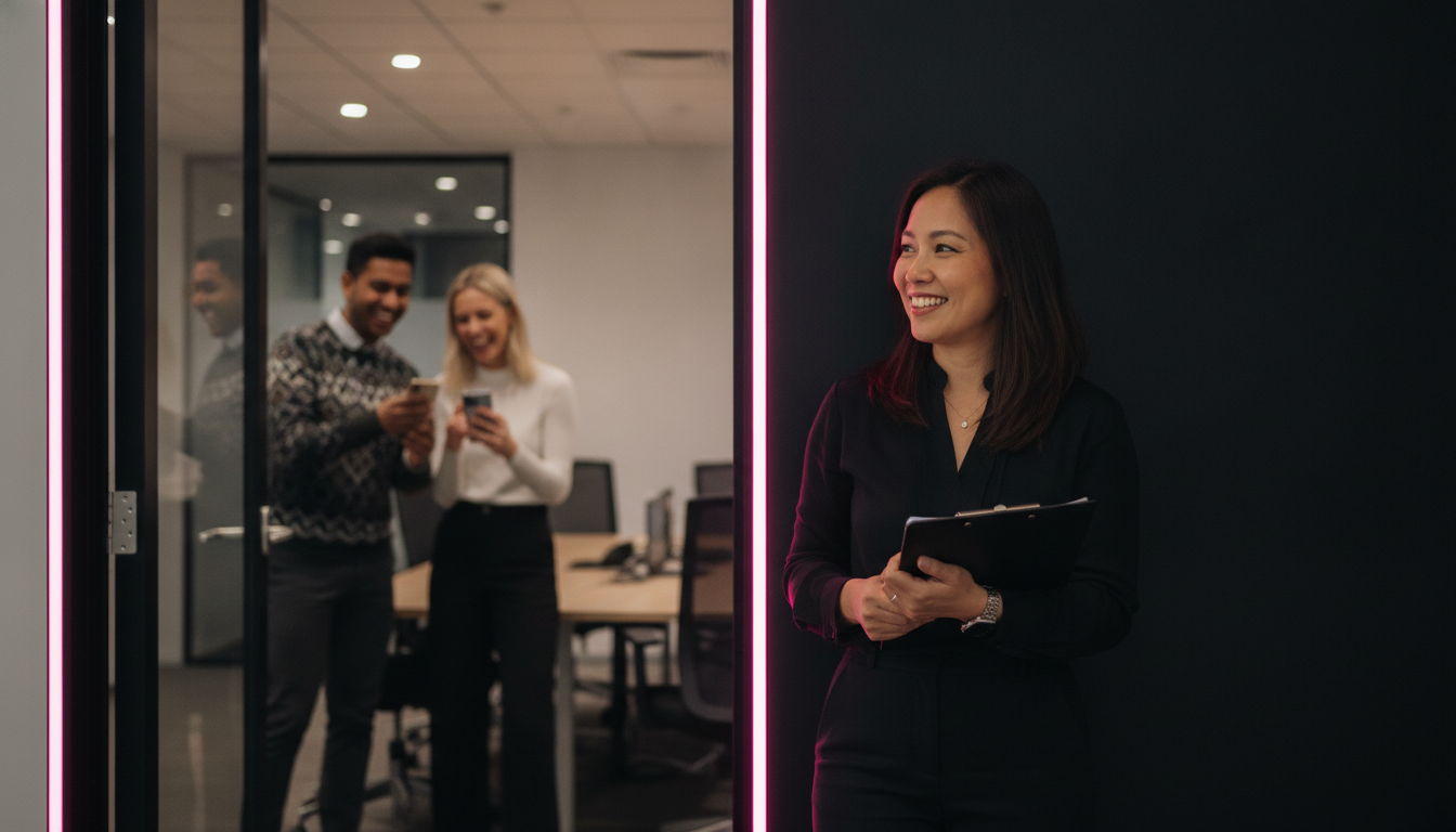 HR manager with clipboard watching coworkers play a phone party game in a modern office with pink neon doorway accent.