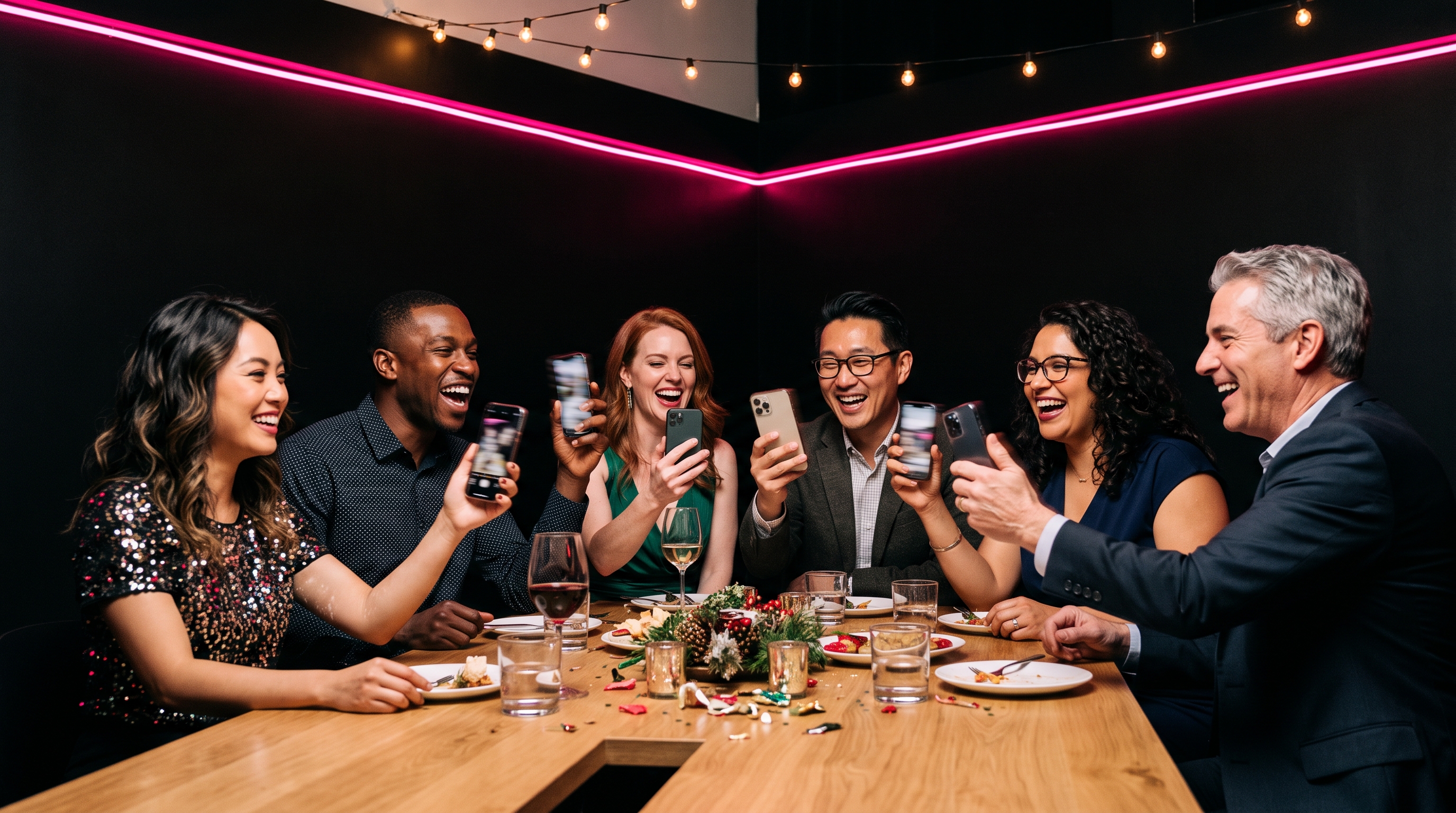 Six adult coworkers laughing around a modern office table during a holiday party, phones raised mid-shake, pink neon accent on black backdrop.