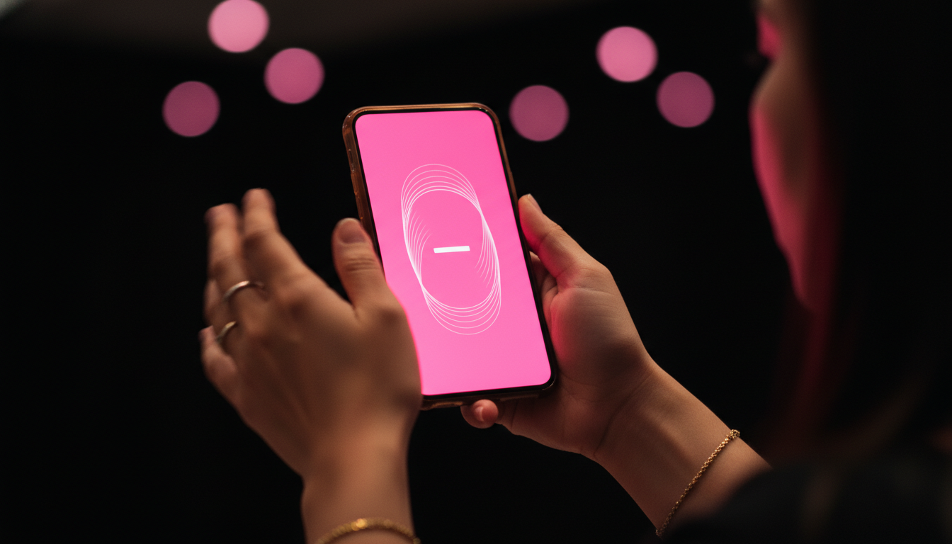 Close-up of hands gripping a smartphone mid-shake against a black backdrop, screen glowing hot pink
