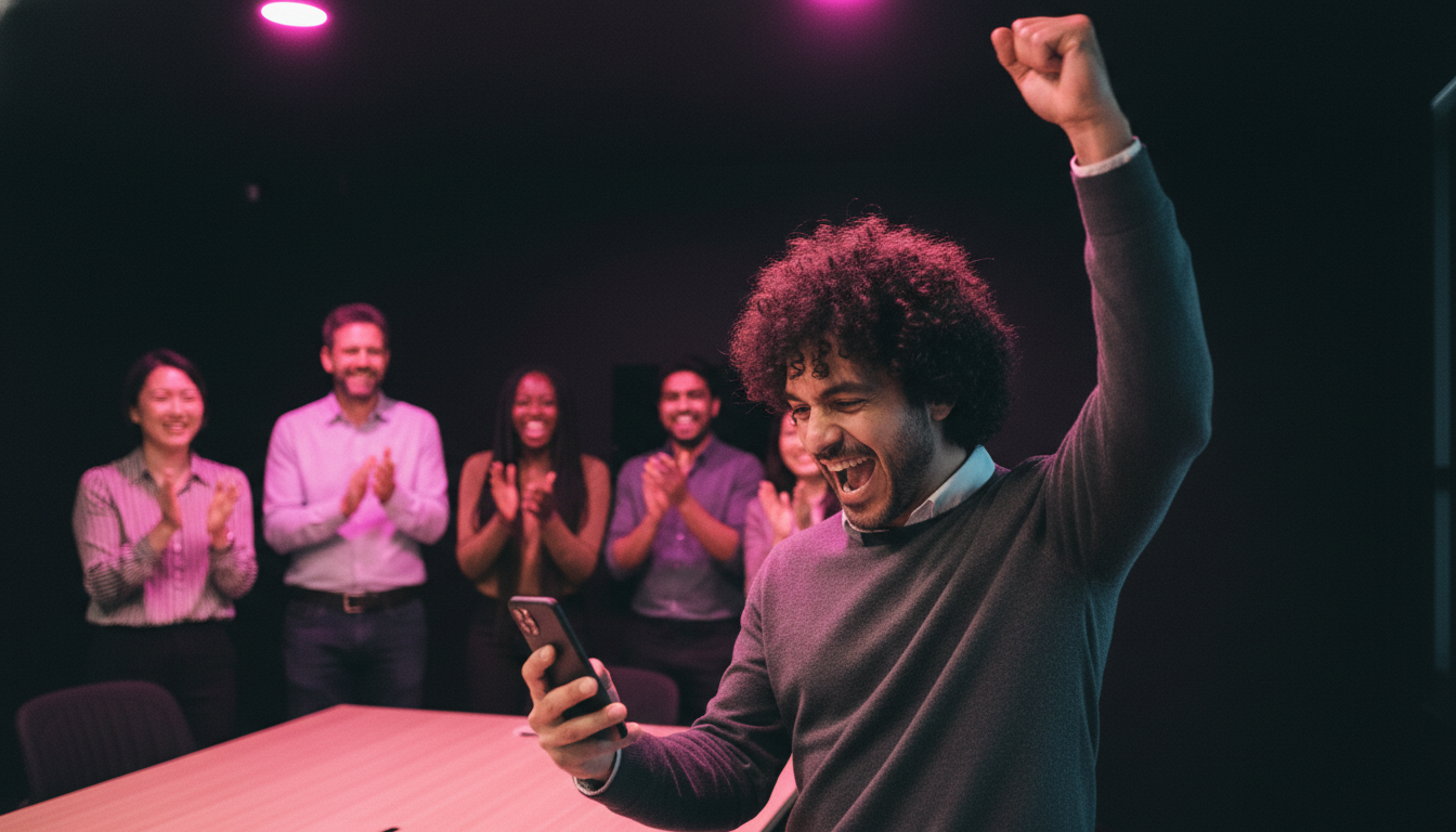 A coworker pumps a fist after seeing his name top the leaderboard while colleagues clap behind him