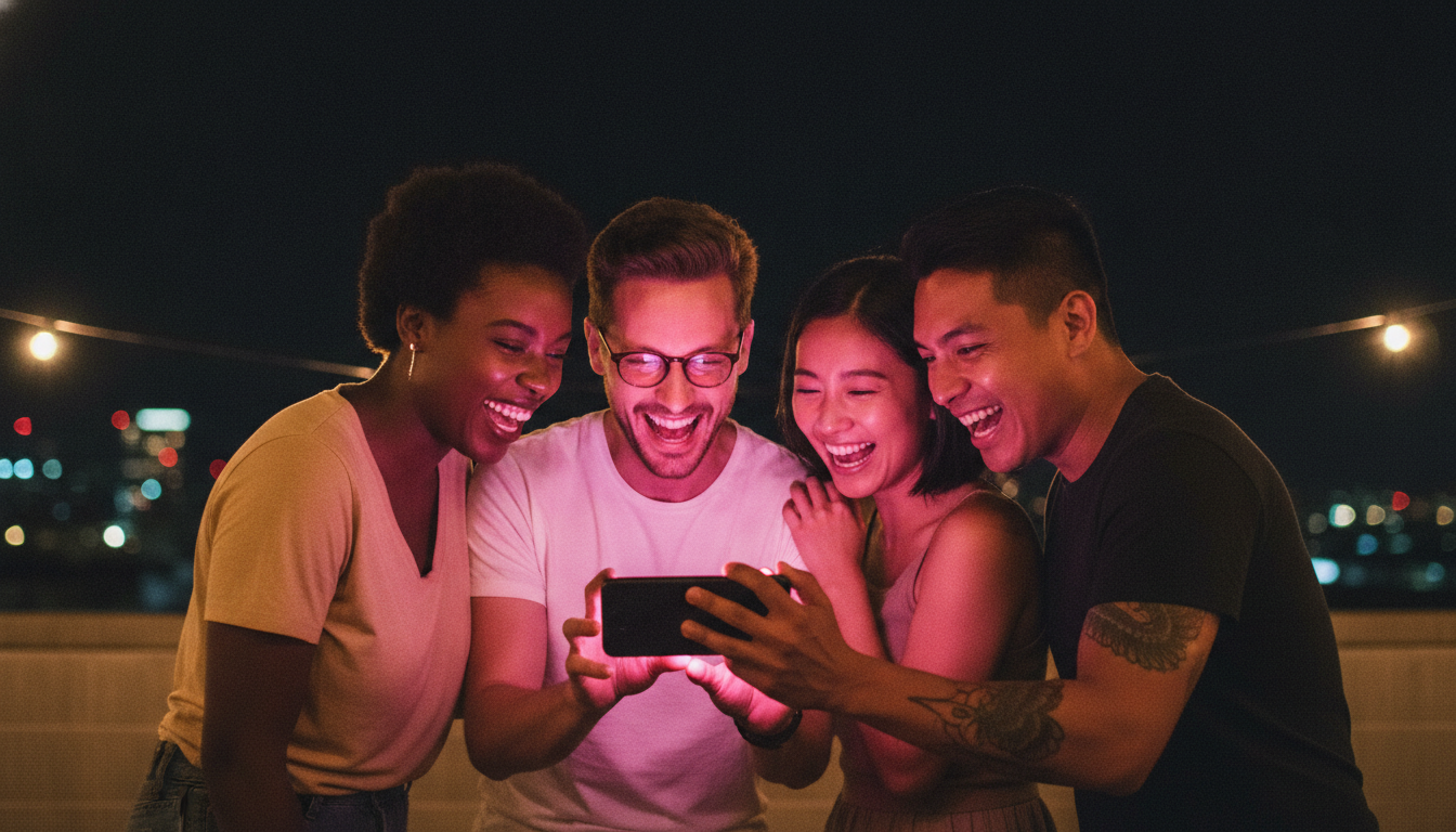 Four friends on a rooftop laughing at a glowing hot pink phone screen at night