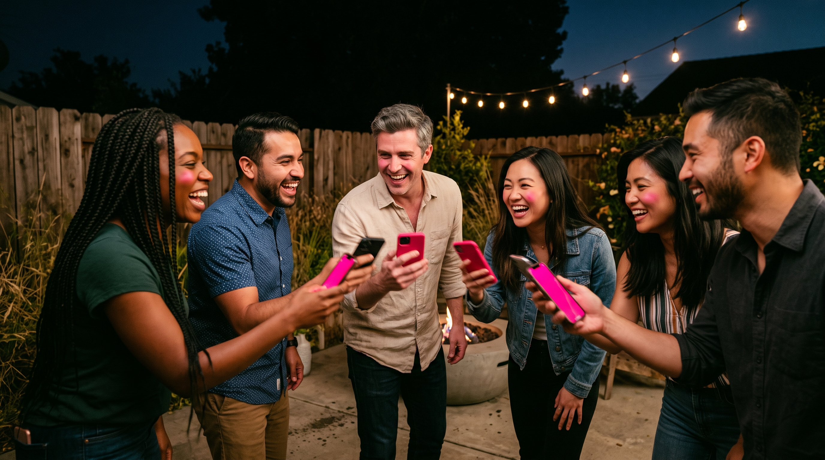 Six adults in a backyard circle laughing while shaking phones with hot pink screens at dusk