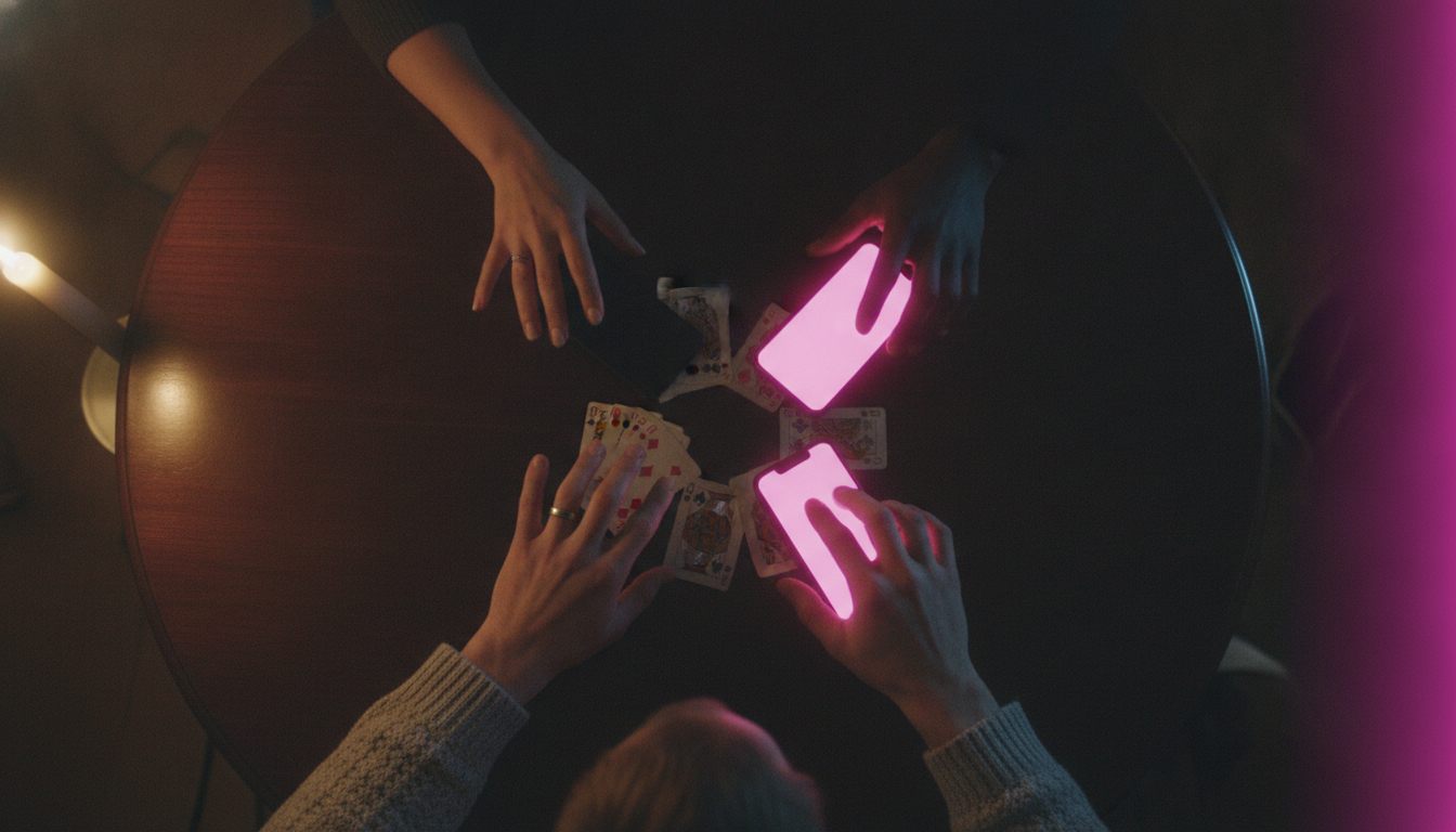Overhead shot of four hands reaching into a dark table with three glowing phones and a fanned deck of cards in the center.