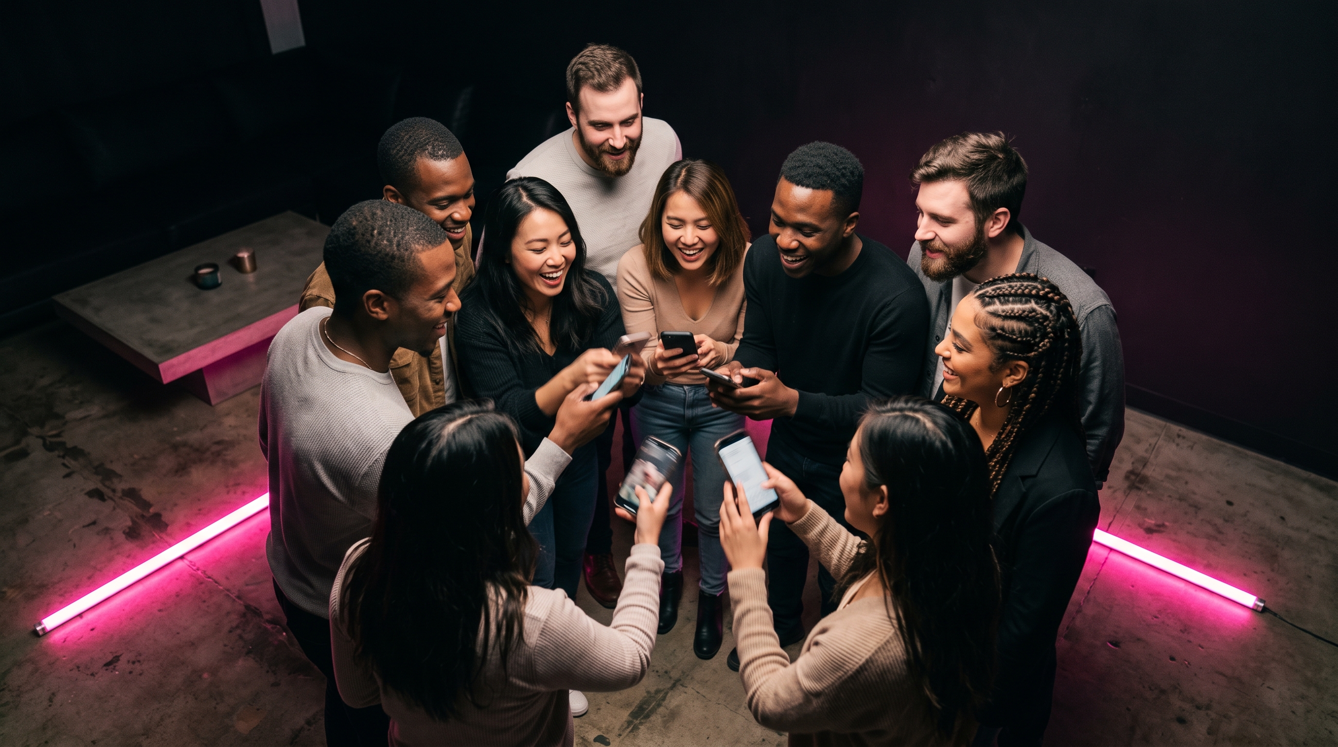 Ten adults in a modern loft each holding a smartphone during a reflex round