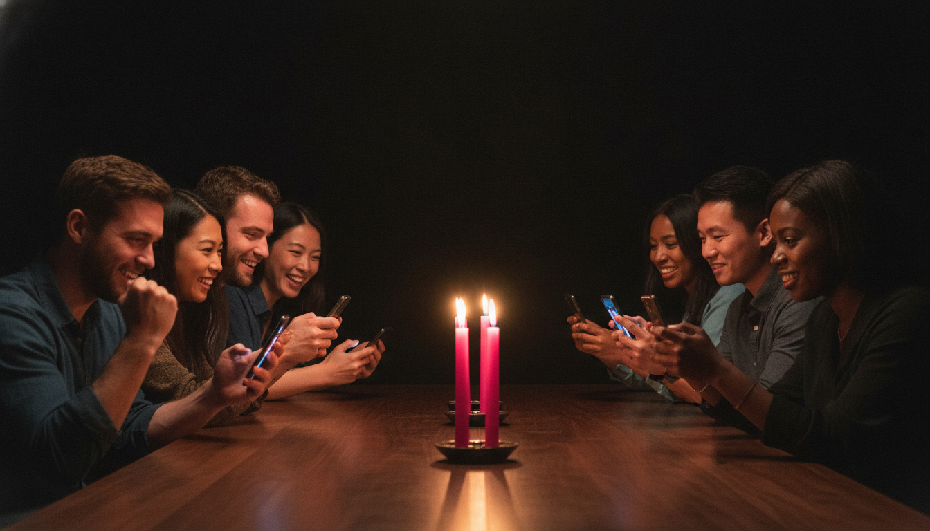 Two sub-groups of five adults each at a long dining table running parallel phone rounds