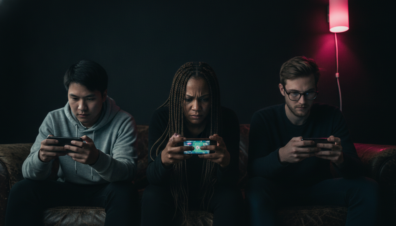 Three friends on a dark leather couch at night, phones at the ready during a count-the-shakes round.