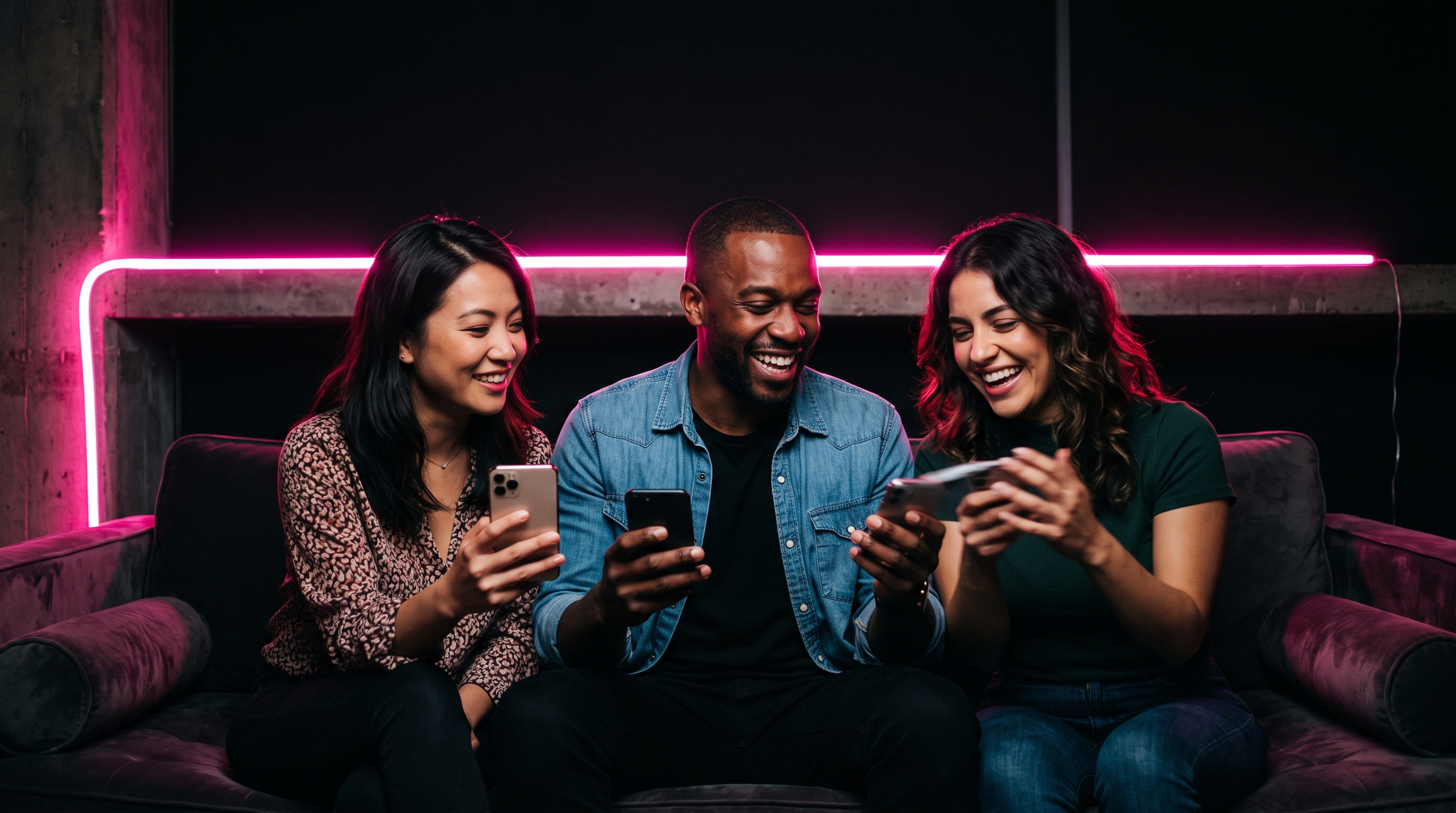 Three friends on a low velvet sofa laughing mid-round, phones held in a triangle, hot pink neon strip glowing behind them.