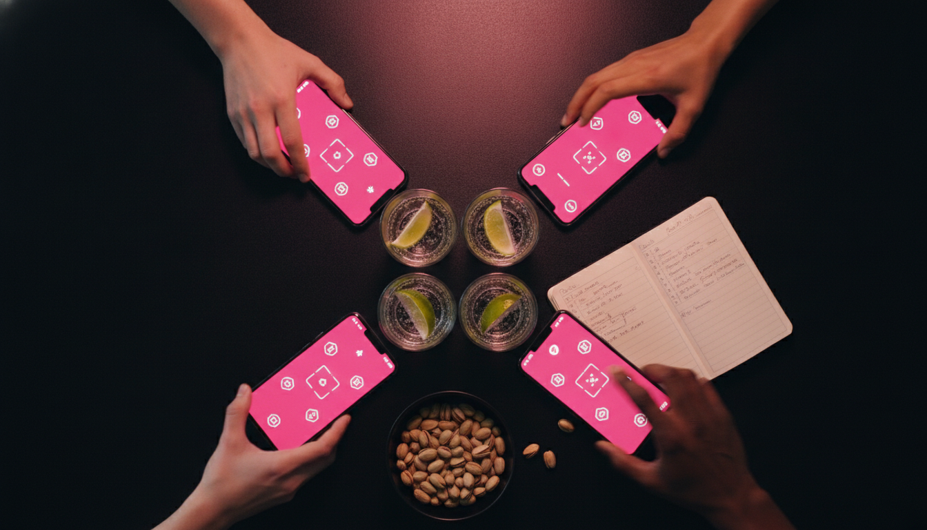 Three phones arranged in a triangle on a matte black table, screens glowing pink, three hands reaching from the edges.