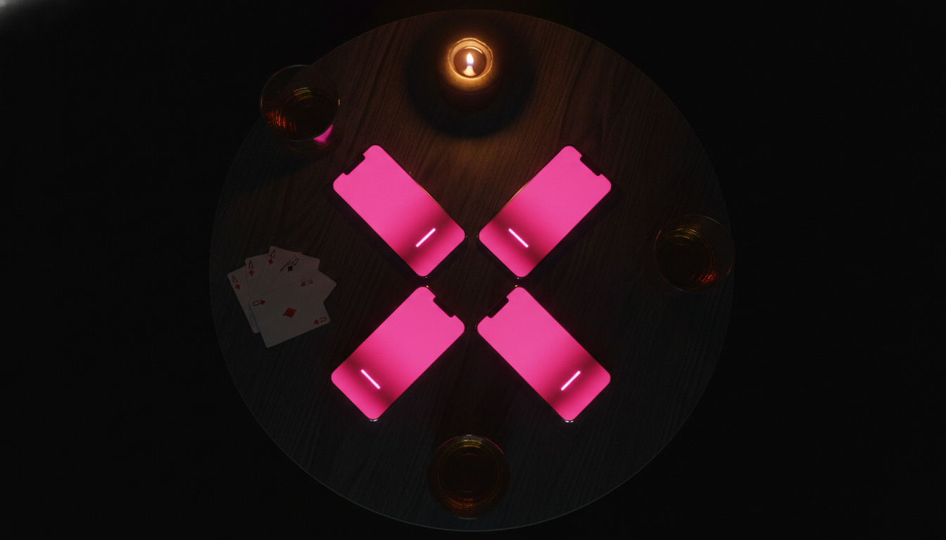 Overhead flat-lay of four phones in a diamond pattern on a small round wooden coffee table, screens glowing hot pink with warm candlelight.
