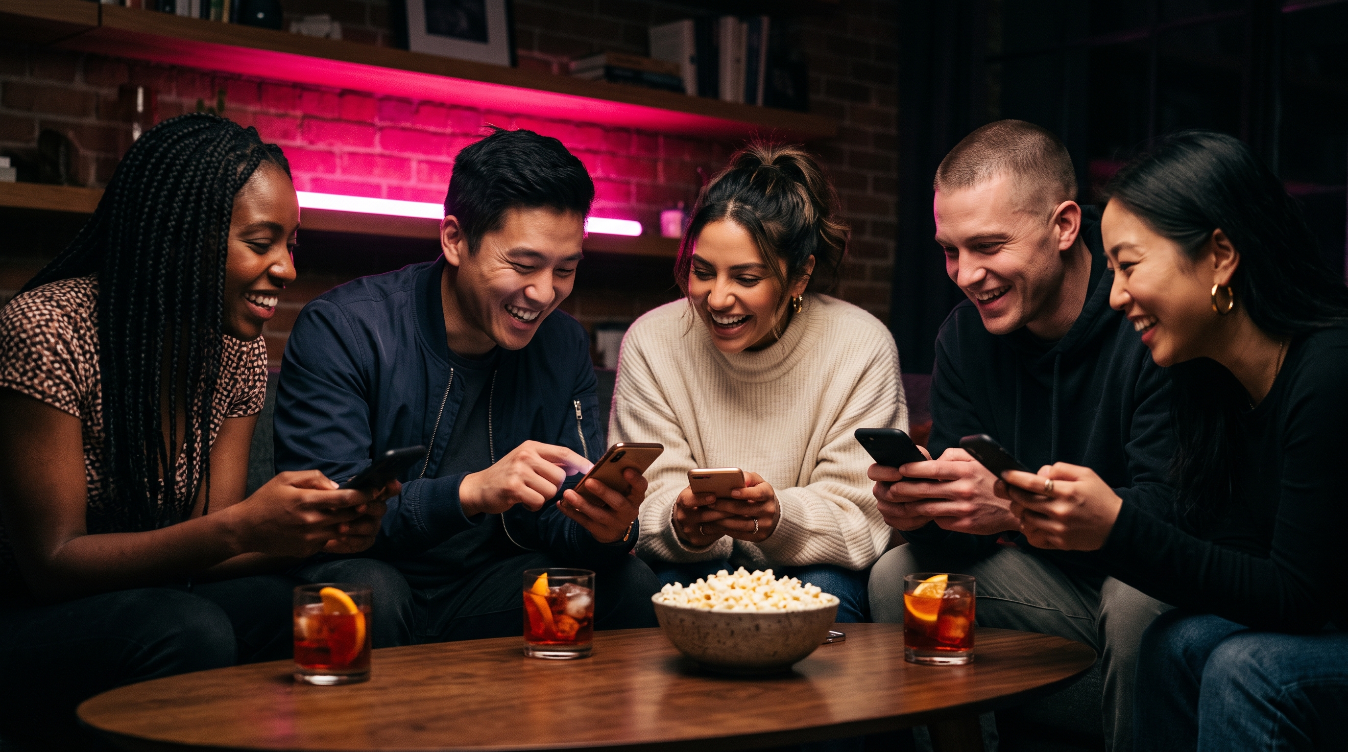 Five friends laughing around a coffee table at night, phones in hand, hot pink neon lighting the loft