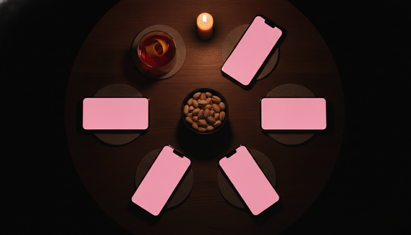 Five smartphones in a semicircle on a dark walnut coffee table, hot pink glow from screens, a Negroni and candlelight to the side