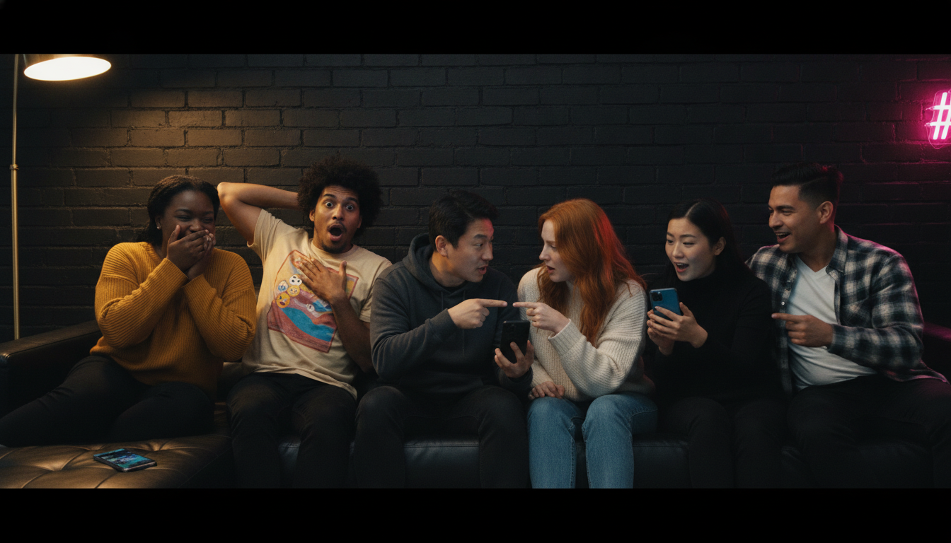 Six friends piled onto a low black leather couch holding phones, one mid-laugh
