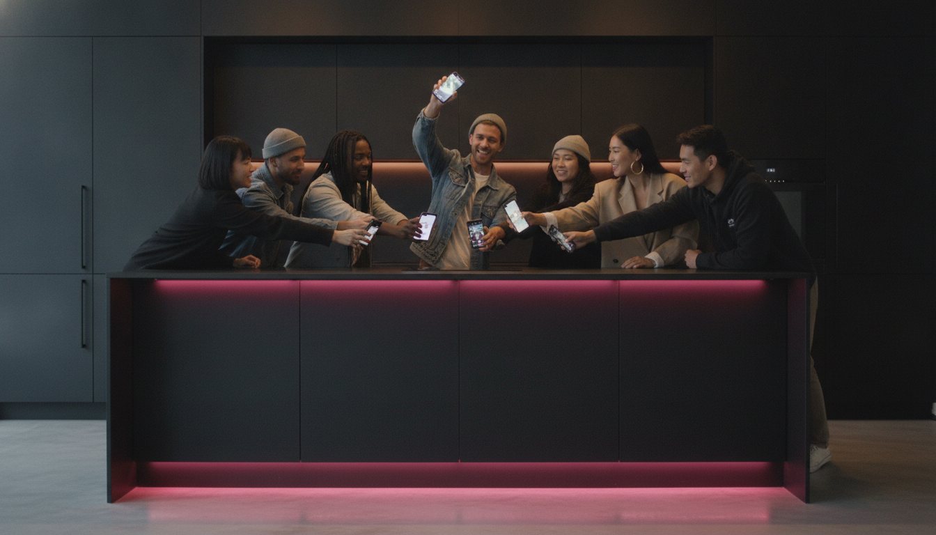 Eight friends around a matte black kitchen island holding phones, one raising a phone like a trophy