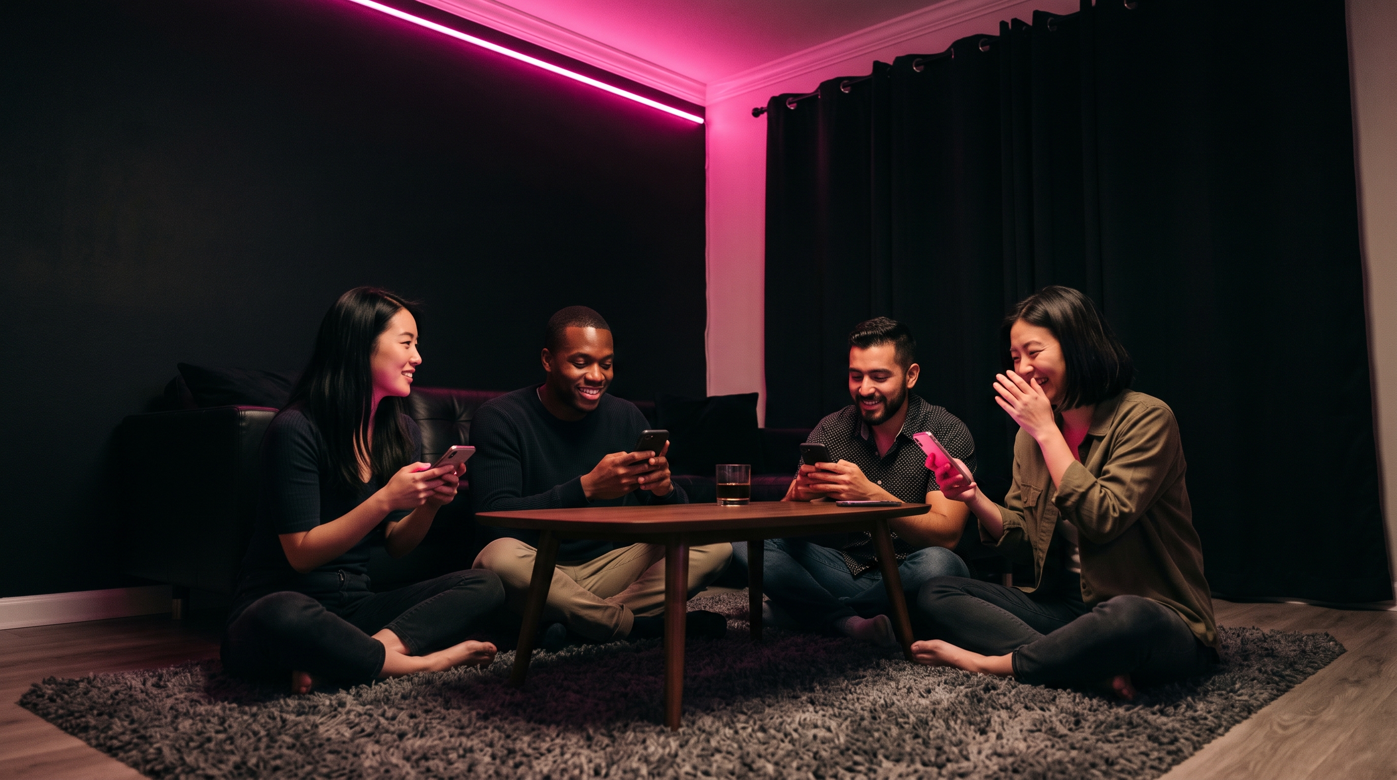 Four friends in their late twenties sitting cross-legged around a low coffee table at night, phones glowing pink in a dark modern living room.