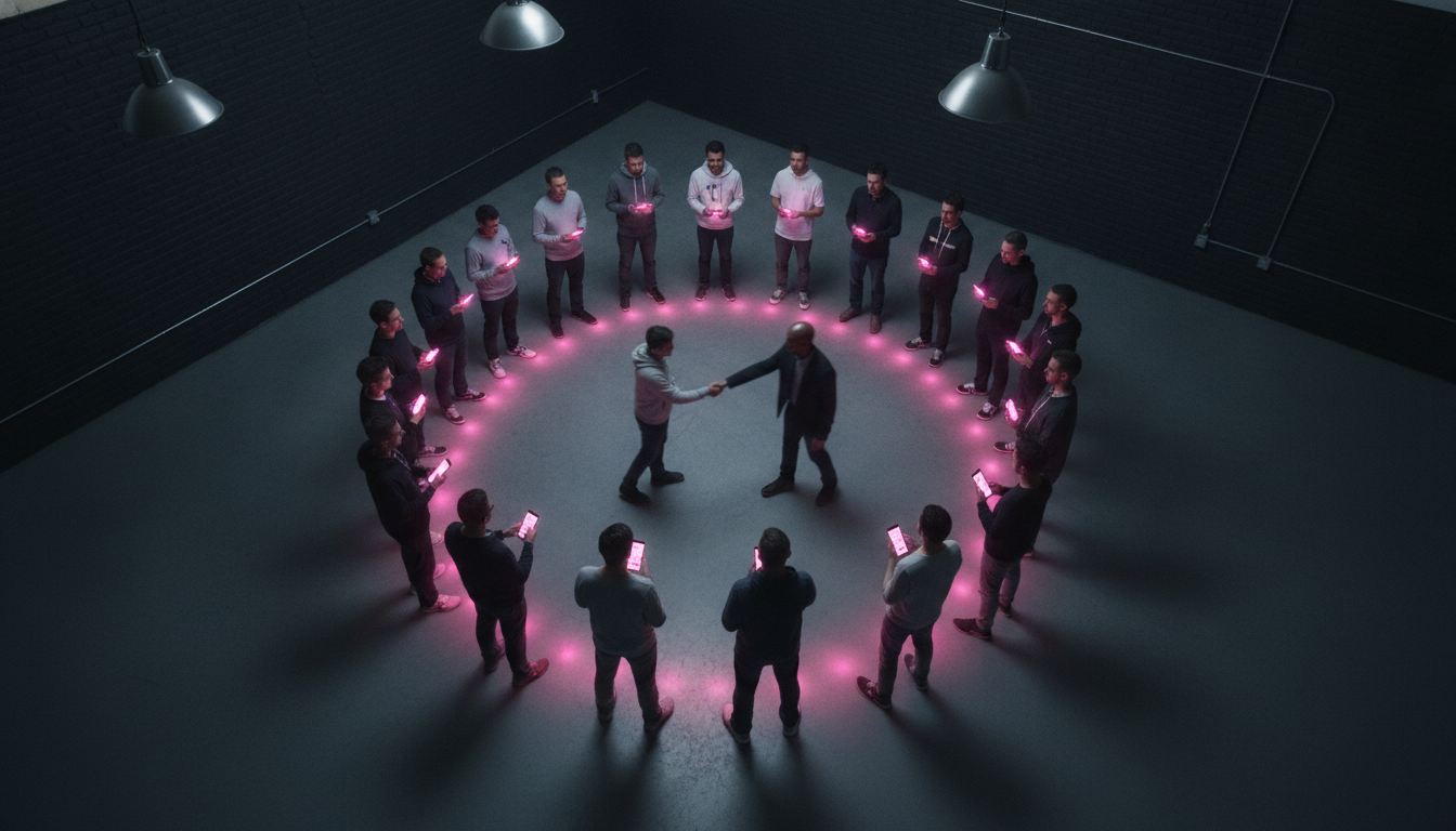 Twenty guests in a loose circle with phones glowing hot pink in a dark warehouse loft