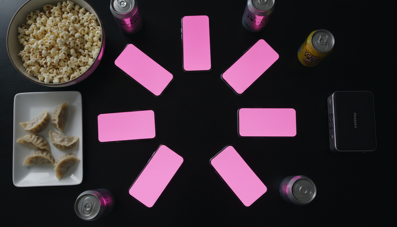 Overhead flat lay of phones, sparkling water, and snacks on a black table at a sober party