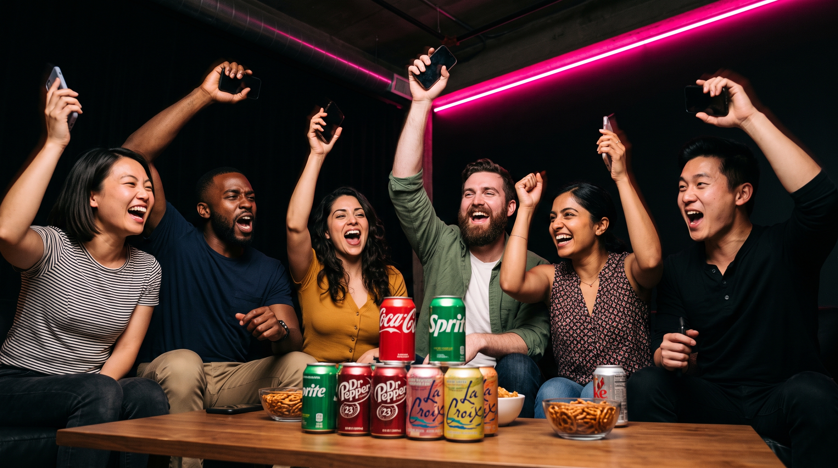 Six friends laughing and shouting mid-shake-game at a sober party, no alcohol on the table