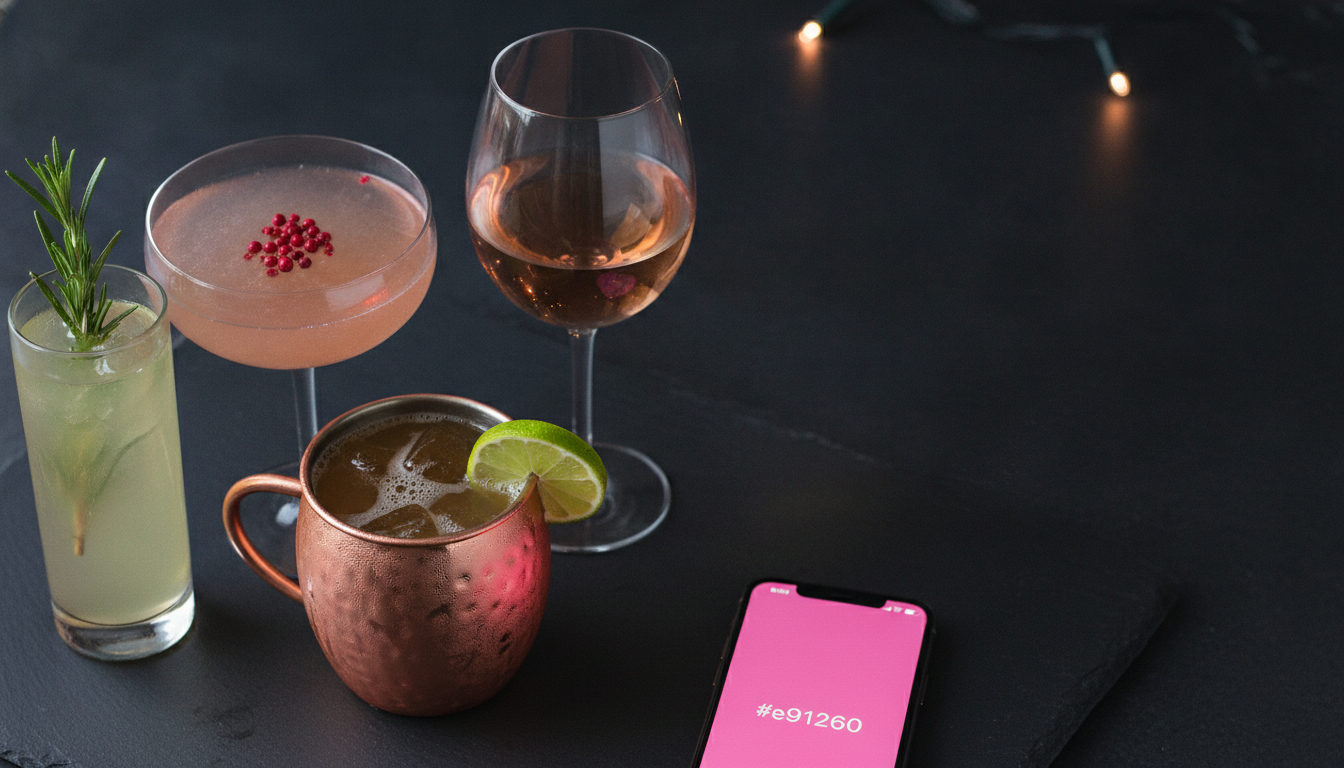 Four non-alcoholic party drinks on a matte black slate surface with a phone glowing pink