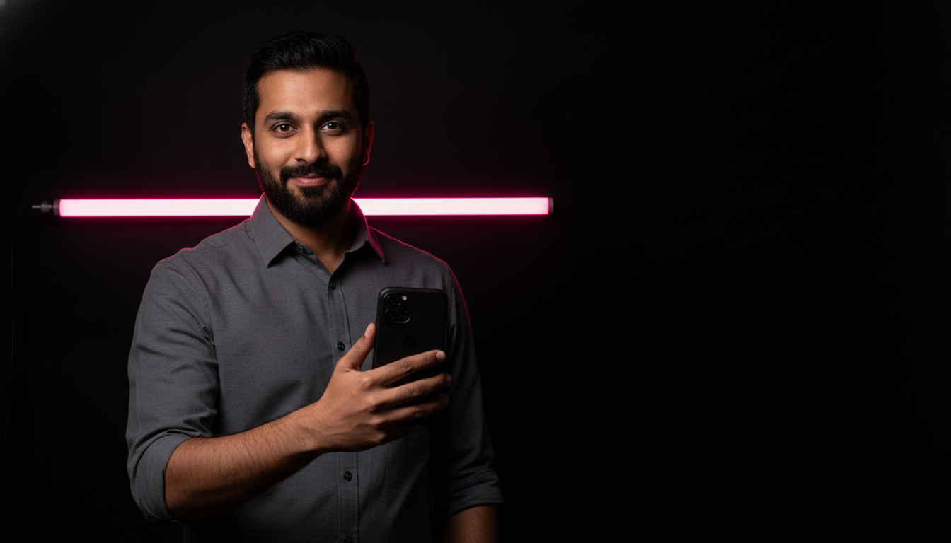Indian man in his early thirties mid-shake with an iPhone under hot pink neon