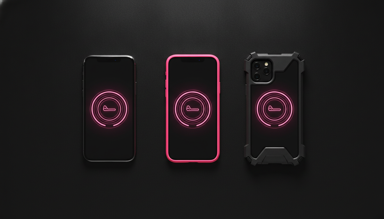 Top-down comparison of a naked phone, a slim silicone case, and a rugged armor case on brushed black metal