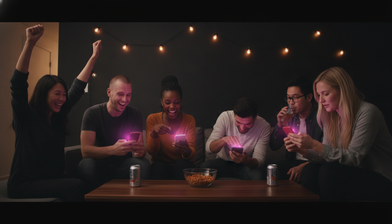 Six friends in their late twenties around a coffee table at night, each holding a phone glowing hot pink, mid-round of a party game