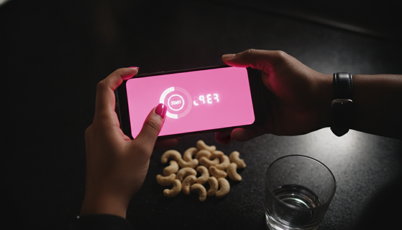 Overhead close-up of two hands holding a phone with a hot pink countdown timer glowing on the screen