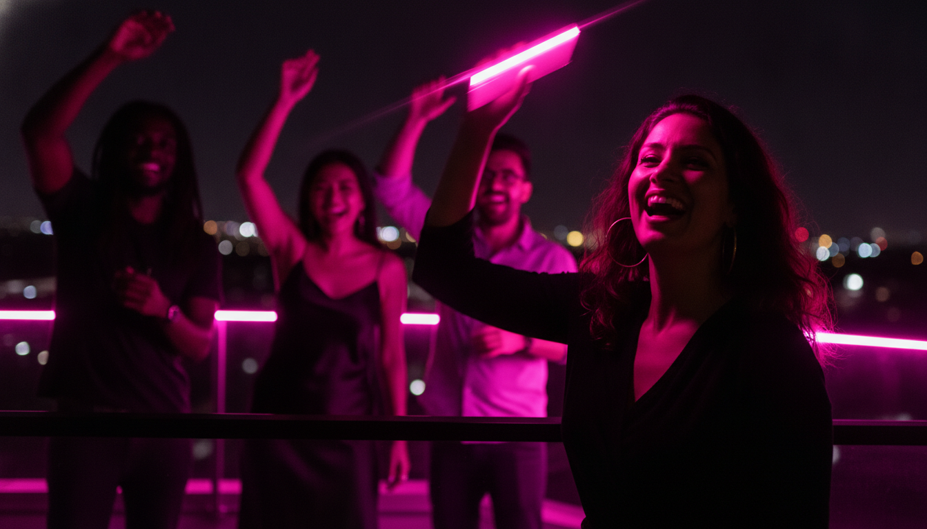 A woman laughing as she shakes her phone above her head on a rooftop with pink city bokeh