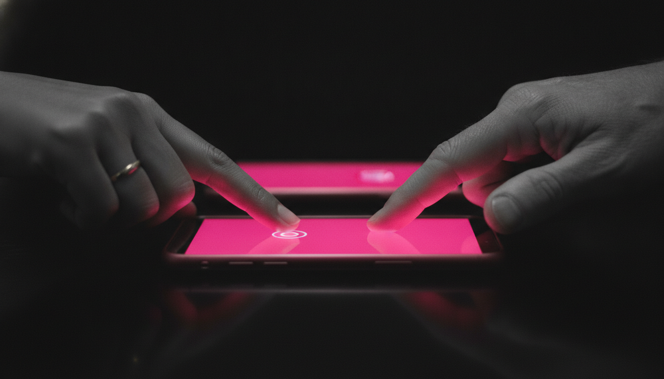 Two thumbs mid-tap on glowing pink phone screens on a black table