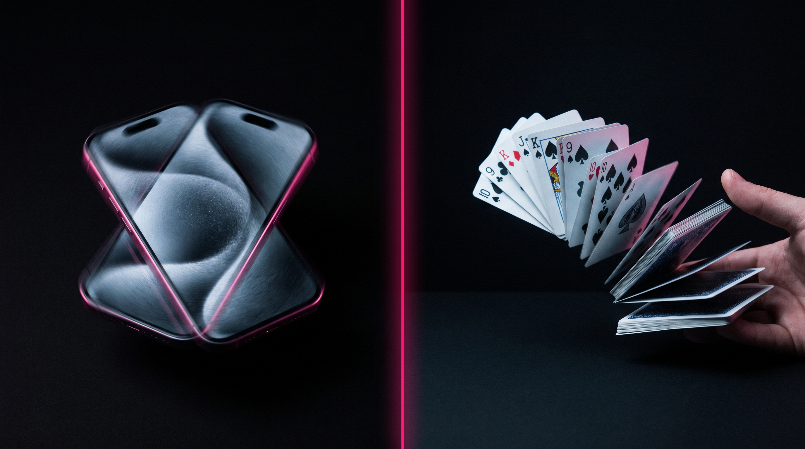 Split-frame product shot of a glowing iPhone mid-shake on the left and a fanned deck of cards on the right, divided by a hot pink neon line on a matte black tabletop.