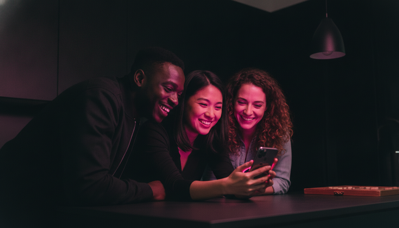 Three friends huddled around a single phone in a dark kitchen, faces lit by hot pink screen glow, an unused Scrabble board pushed to the edge of the counter