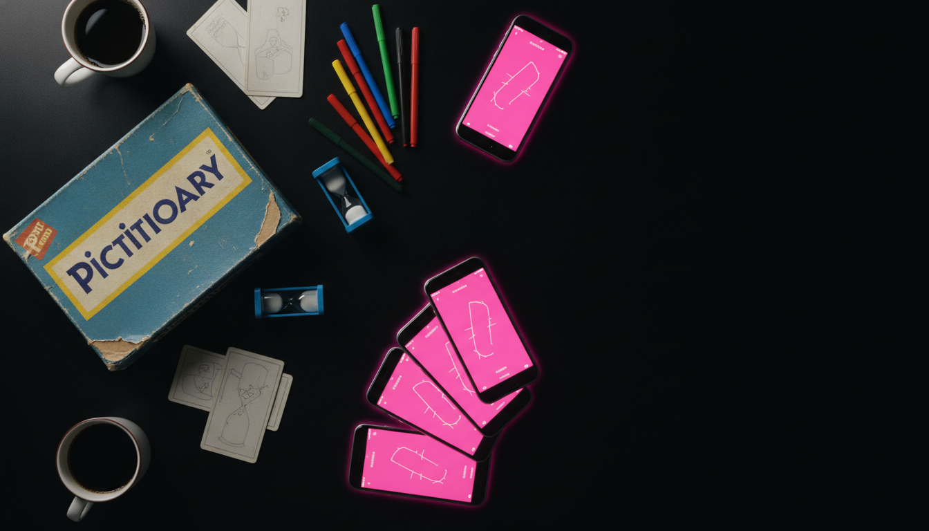 Overhead flat lay of a worn Pictionary box and loose cards next to five phones with hot pink interfaces, diagonal split between analog and digital.
