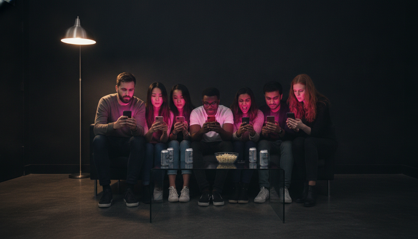 Eight adults crowded on a sofa and floor around a glass coffee table, all leaning forward holding phones with hot pink screens, one person mid-shout.