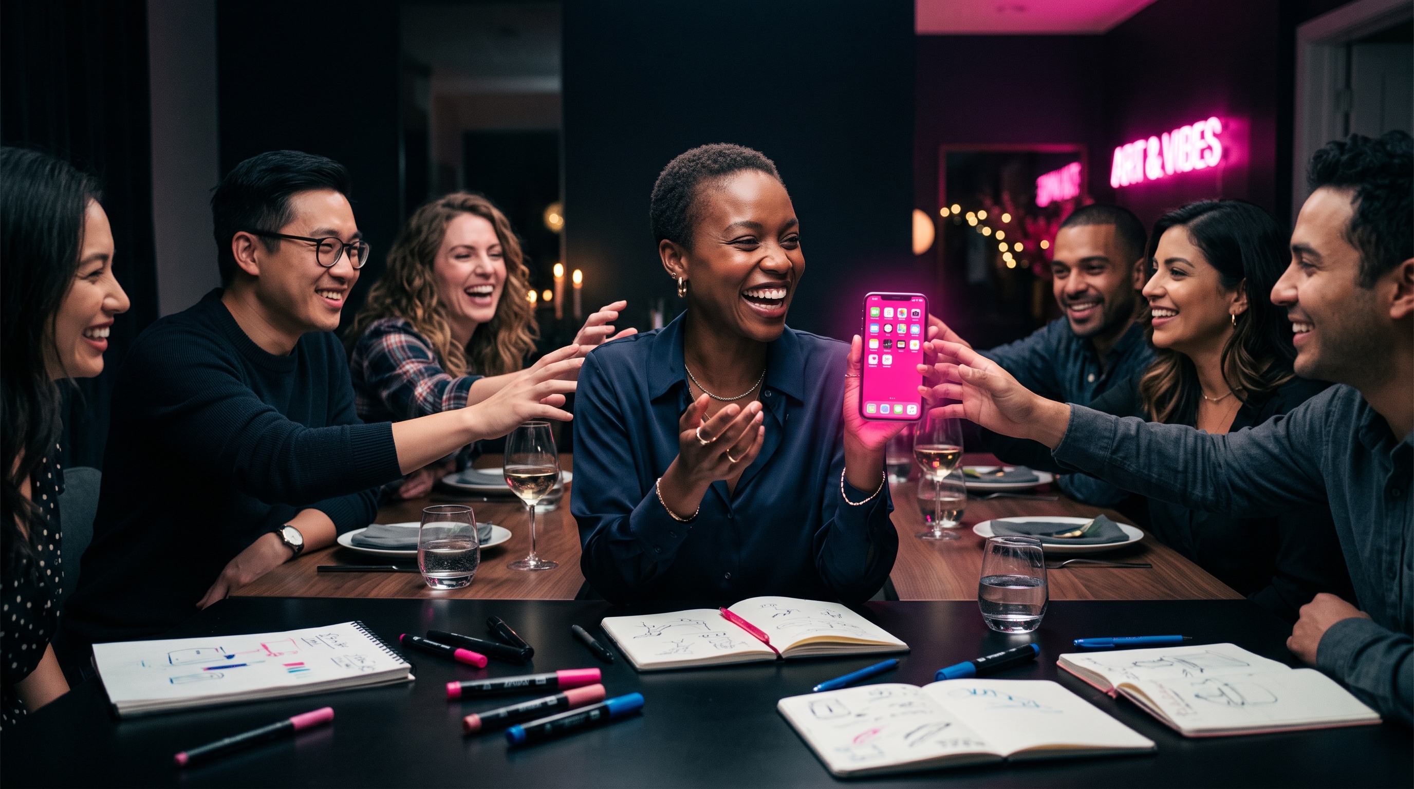 Host holding a phone with hot pink shake game interface at a dinner table with six friends reaching toward her, sketch pads abandoned on the black table.